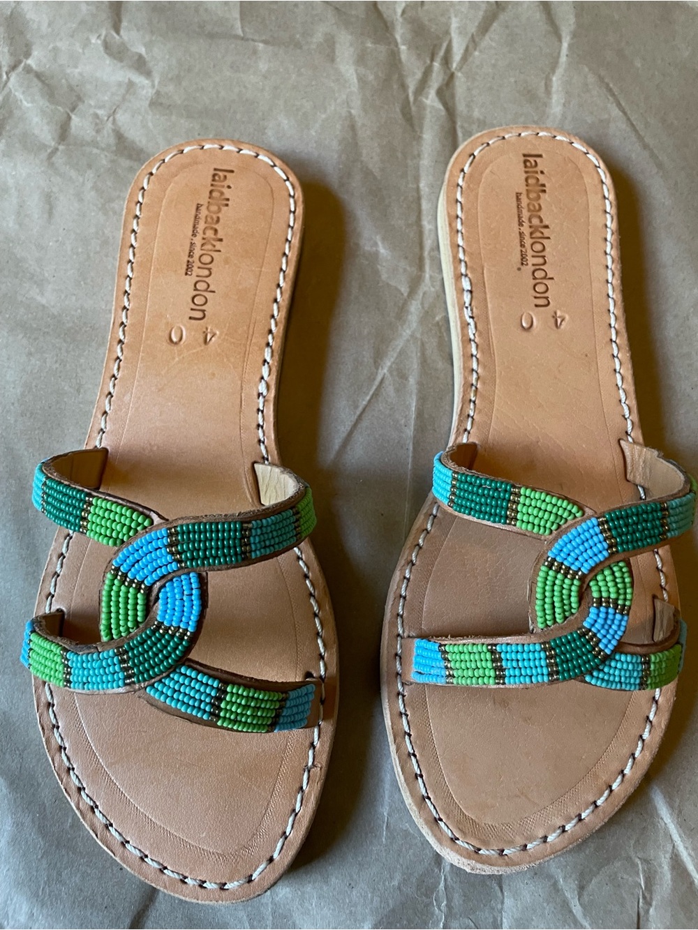 Laidback London Lumen LP Green & Blue Beaded Leather Slide Sandals